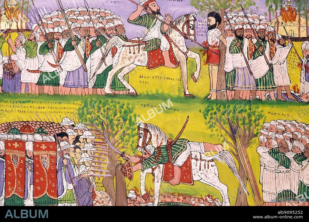 The fall and death of Ahmed Gran (1528-1540), shot by a Portuguese musketeer. Ahmed Gran was probably the fiercest Muslim warrior to battle the Christians in Ethiopia. He was a 16th century warrior whose powers were said to be miraculous. He was impervious to bullets, and his huge sword could severe a tree. He was killed by a combined Portuguese-Ethiopian army. Wooden panel painted at the beginning of this century by Kegneketa Jemlieri Hailu of Gondar. The African Adventure - A History of Africa's Explorers by Timothy Severin, page 49.