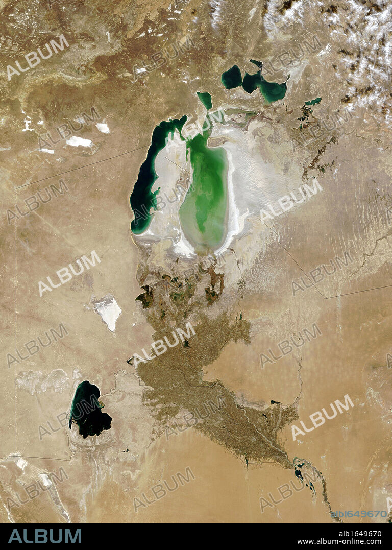 The Aral Sea, October 2008. Once fourth largest inland sea, in southern Kazakhstan and northern Uzbekistan it has divided into three bodies of water. Major cause of shrinkage due to diversion of water to agriculture. Credit NASA.