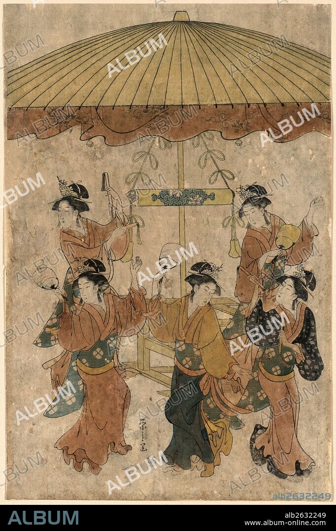 Sumiyoshi odori, Sumiyoshi dance., Hosoda, Eishi, 1756-1829, artist, [between 1791 and 1793], 1 print : woodcut, color ; 39 x 25.6 cm., Print shows five women dancing beneath a large parasol during the annual rice planting ritual at the Sumiyoshi shrine.