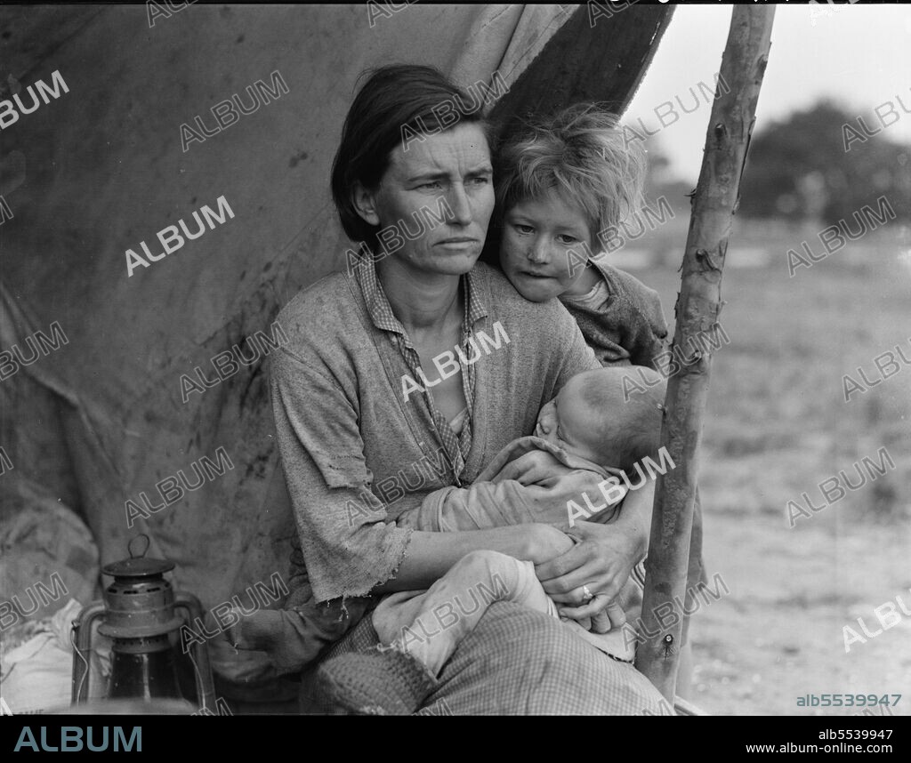 DOROTHEA LANGE. Migrant agricultural worker's family. Seven hungry children. Mother aged thirty-two. Father is a native Californian. Destitute in pea picker's camp, Nipomo, California, because of the failure of the early pea crop. These people had just sold their tent in order to buy food. Of the twenty-five hundred people in this camp most of them were destitute.