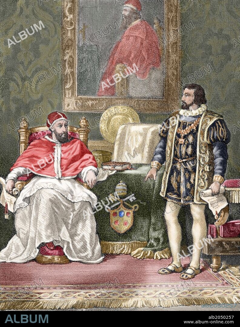 CLEMENTE VII (1478-1534). Papa italiano, de nombre Giulio de Médici (1523-1534). 'ENTREVISTA ENTRE CLEMENTE VII Y EL REY FRANCISCO I DE FRANCIA (1515-1547) '. S. XVI. Grabado coloreado del siglo XIX.
