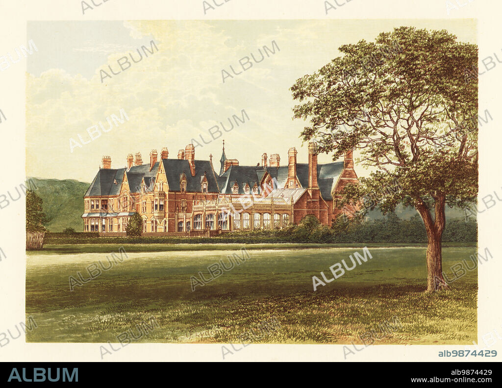 Hutton Hall, Yorkshire, England. Victorian Gothic red-brick house built in 1866 by Alfred Waterhouse for the quaker industrialist and MP, Joseph Pease. Colour woodblock by Benjamin Fawcett in the Baxter process of an illustration by Alexander Francis Lydon from Reverend Francis Orpen Morriss Picturesque Views of the Seats of Noblemen and Gentlemen of Great Britain and Ireland, William Mackenzie, London, 1880.