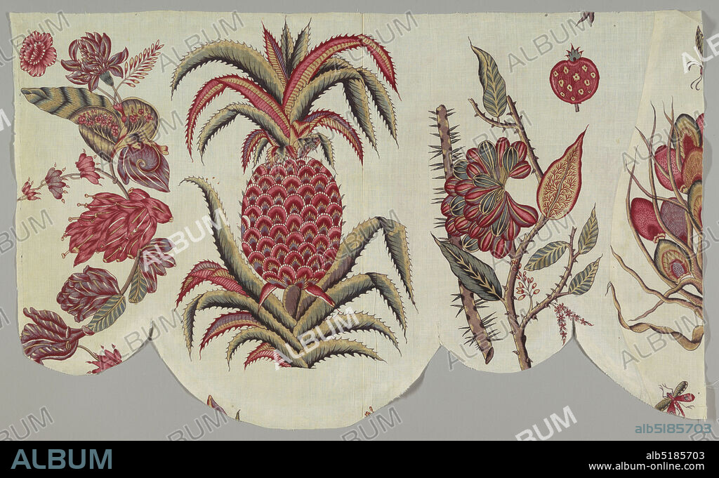 Valance, Medium: cotton Technique: mordant painted and dyed and resist dyed (chintz) on plain weave Label: mordant painted and dyed and hand-painted cotton (chintz), Scalloped valence with one seam. Chintz fabric features pineapples and exotic botanicals in brown, purple, greens, yellow, pink and red on a white ground., India, 18th century, printed, dyed & painted textiles, Valance.