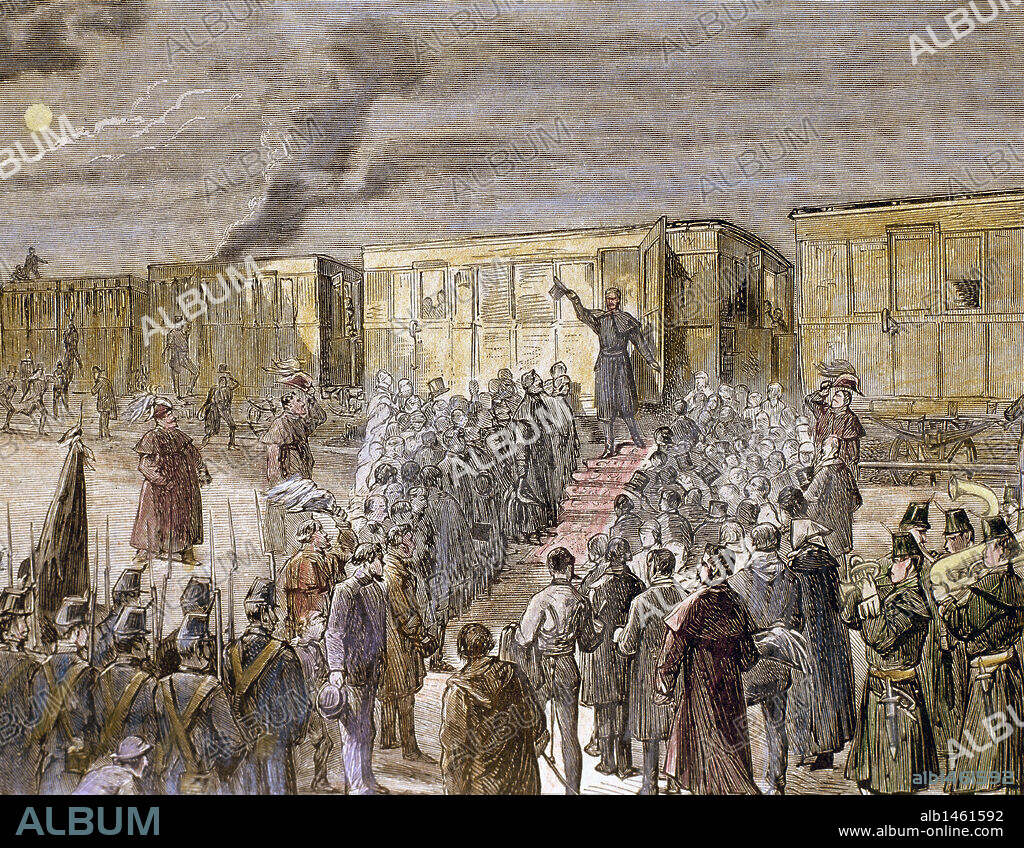 PRIMERA REPUBLICA ESPAÑOLA (1873-1874). AMADEO I DE SABOYA (1871-1873) LLEGANDO A ELBA (PORTUGAL), CON LA REINA MARIA VICTORIA Y SUS HIJOS (12 de febrero de 1873) tras su renuncia al trono, aceptada por las Cortes el día anterior. Grabado coloreado del s. XIX. España.