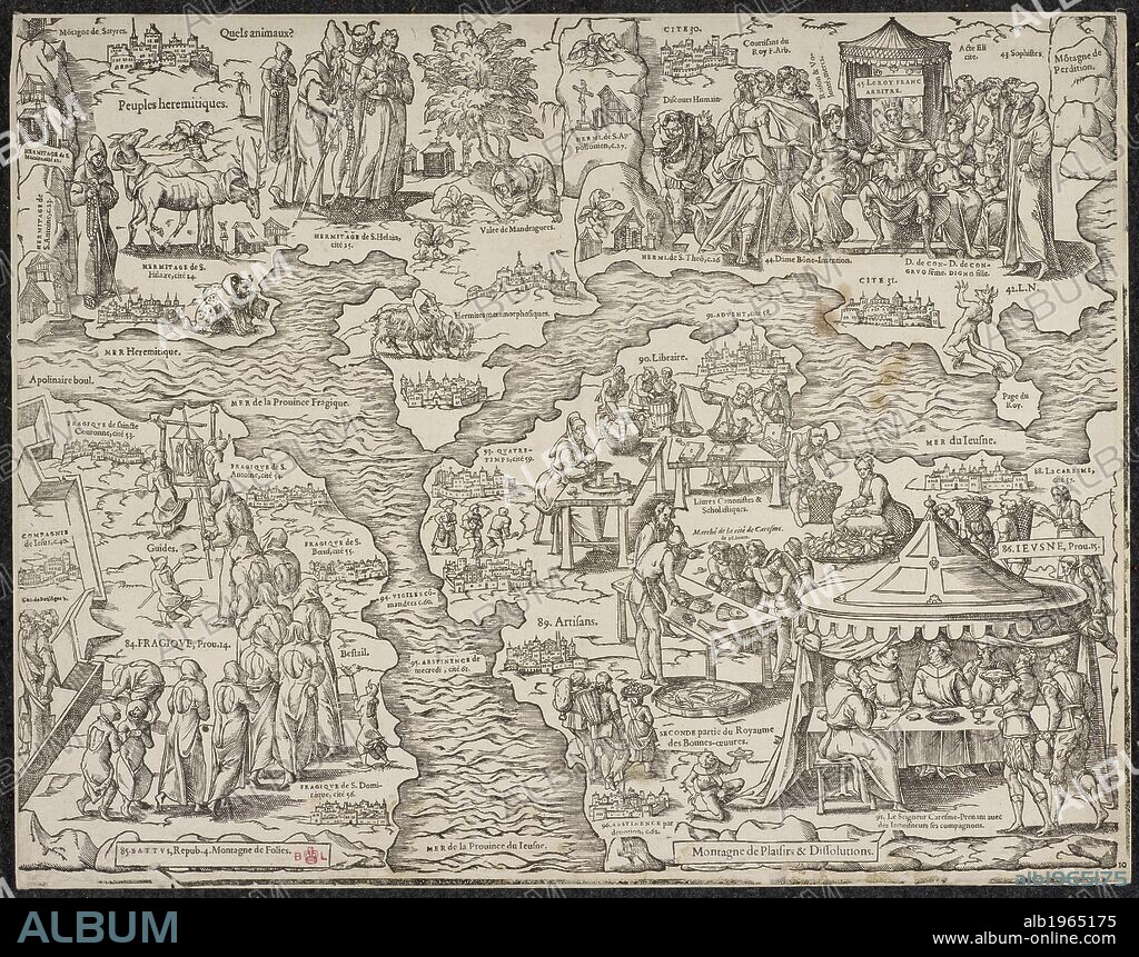 Allegorical map, a satire on the Roman Catholic church from the 16th century. . Mappemonde nouvelle papistique. [Geneva], [1566?]. Mappemonde nouvelle papistique. A satire on the Roman Catholic Church by T. de Beza or P. Viret? in the form of an allegorical map, with letterpress on three sides. BÃ¨ze, ThÃ©odore de, 1519-1605. Viret, Pierre, 1511-1571. Source: C.160.c.7 10. Language: French.