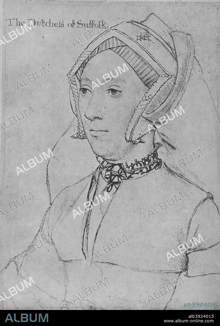 'Catherine Willoughby', c1532-1543 (1945). Catherine Brandon, Duchess of Suffolk, suo jure 12th Baroness Willoughby de Eresby (1519-1580), was an English noblewoman living at the royal courts of King Henry VIII, King Edward VI and later, Queen Elizabeth I. The drawing is part of the Royal Collection Trust, Windsor Castle. From The Drawings of Holbein at Windsor Castle by K. T. Parker. [The Phaidon Press Ltd, Oxford & London, 1945].