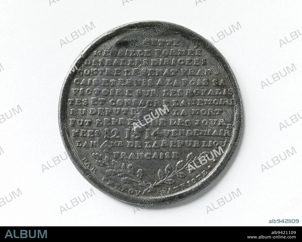 Armand-Constant Tellier, known as Adrien Tellier (?-1795), deputy to the Constituent Assembly (1789-1791), deputy to the National Convention (1792-1795), 1795, Palloy, Pierre-François, Engraver of medals, In 1795, Numismatics, Medal, Pewter, Dimensions of the work: Diameter: 4.1 cm, Weight (type dimension): 23.86 g.