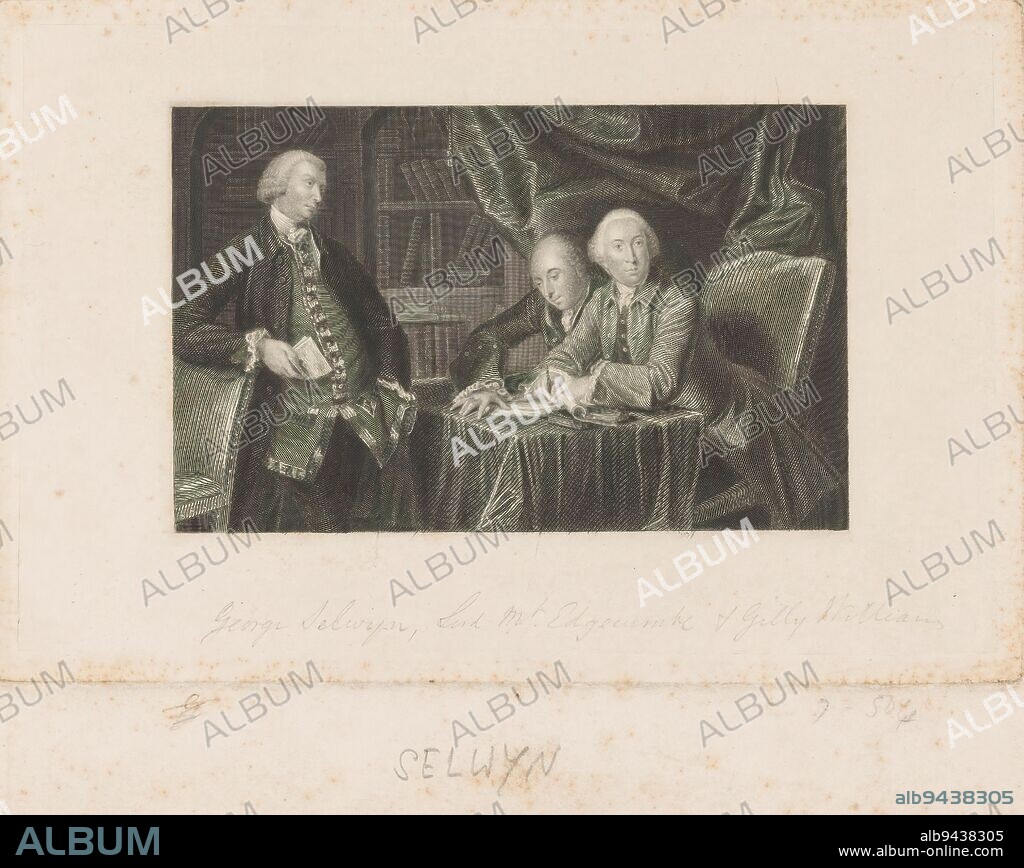 Group portrait of Richard Edgcumbe, George Augustus Selwyn and George Williams, Selwyn standing with his arm leaning on a chair, a book in his right hand. At the table are Williams and Edgcumbe. The latter looks up from his work; a pen in his right hand. In the background, a cabinet with books., print maker: William Greatbach, after design by: George Perfect Harding, after painting by: Joshua Reynolds, 1812 - 1865, Material, etching, engraving, height 150 mm × width 227 mm.