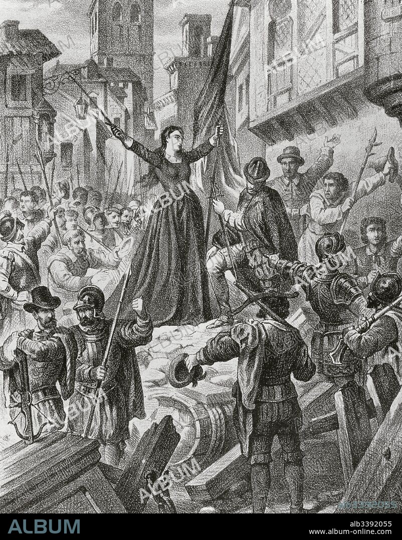 Spain. 16th century. Revolt of the Comuneros (1550-1521). Maria Pacheco (1496-1531). Spanish Noble woman of the House of Mendoza. When her husband, the chief commoner Juan Lopez de Padilla, fell in the battle of Villalar, she took command and leaded the defence of the city of Toledo against the royalist forces of Charles V until the arrangement of a peaceful surrender of the city six months later. Engraving. 19th century.