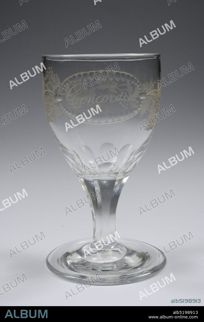 glass jar, Anonymous, second quarter 19th century, General: 12.7 x 7.4cm 127 x 74mm, Glass jar of colorless glass. The jar has a flat, slightly arched base in the middle. Octagonal cut and widening stem. Calyx with fairly pointed bottom and straight wall. On the chalice wall a horizontal oval with a cut egg edge, which is broken on both sides by a horizontal oval. From this emerges the decoration of cut grape bunches and dried grape leaves, which runs around the goblet. In the oval in diagonal writing the inscription: Concordia, 1906.