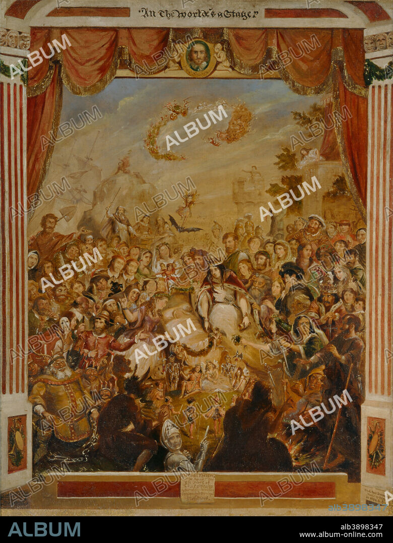 GEORGE CRUIKSHANK. The First Appearance of William Shakespeare on the Stage of the Globe Theatre. Date/Period: 1864 to 1865. Painting. Oil on canvas. Height: 708 mm (27.87 in); Width: 556 mm (21.88 in).