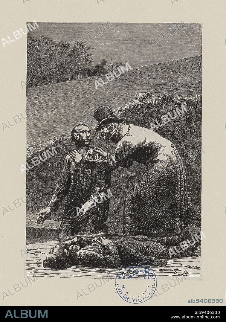 Les Misérables, Part Five, Book Three, Chapter IX, Javert examined it and recognized it, Yon, Edmond Charles Joseph, Engraver, Perrichon, Jules-Léon, Engraver, Brion, Gustave, Author of the model, Bonaventure and Ducessois (printing), Printer, Hetzel, Pierre-Jules, Publisher, Lacroix, Albert, Publisher, About 1865, 3rd quarter of the 19th century, Victor Hugo's House - Hauteville House, Graphic arts, Print, Woodcut, Height: 13. 2 cm, Width: 9 cm.