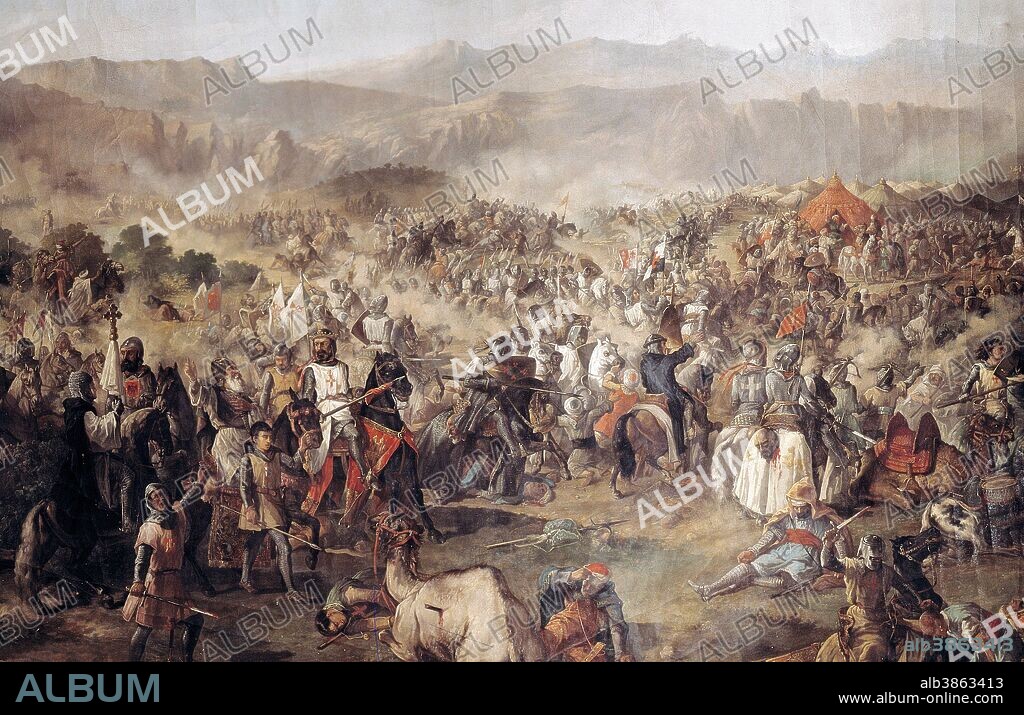 NAVAS DE TOLOSA , BATALLA DE . LIBRADA POR ALFONSO VIII DE CASTILLA CON AYUDA DE ARAGON Y CATALUÑA , VENCIENDO AL EJERCITO MORO EL 16 - 01 -1212. OLEO DE FRANCISCO DE PAULA VAN HALEN. PALACIO DEL SENADO.