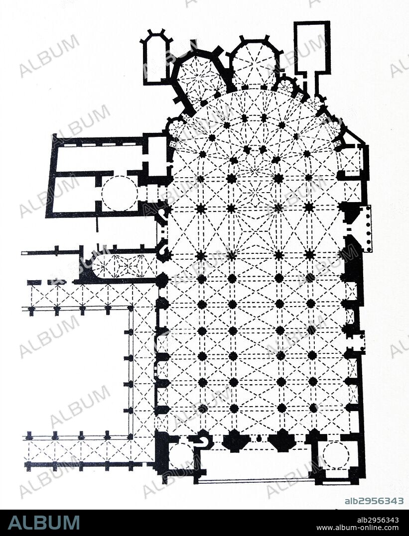 Toledo Cathedral floor plan. The Primate Cathedral of Saint Mary of Toledo, is a Roman Catholic cathedral in Toledo, Spain, see of the Metropolitan Archdiocese of Toledo. Dated 10th Century.