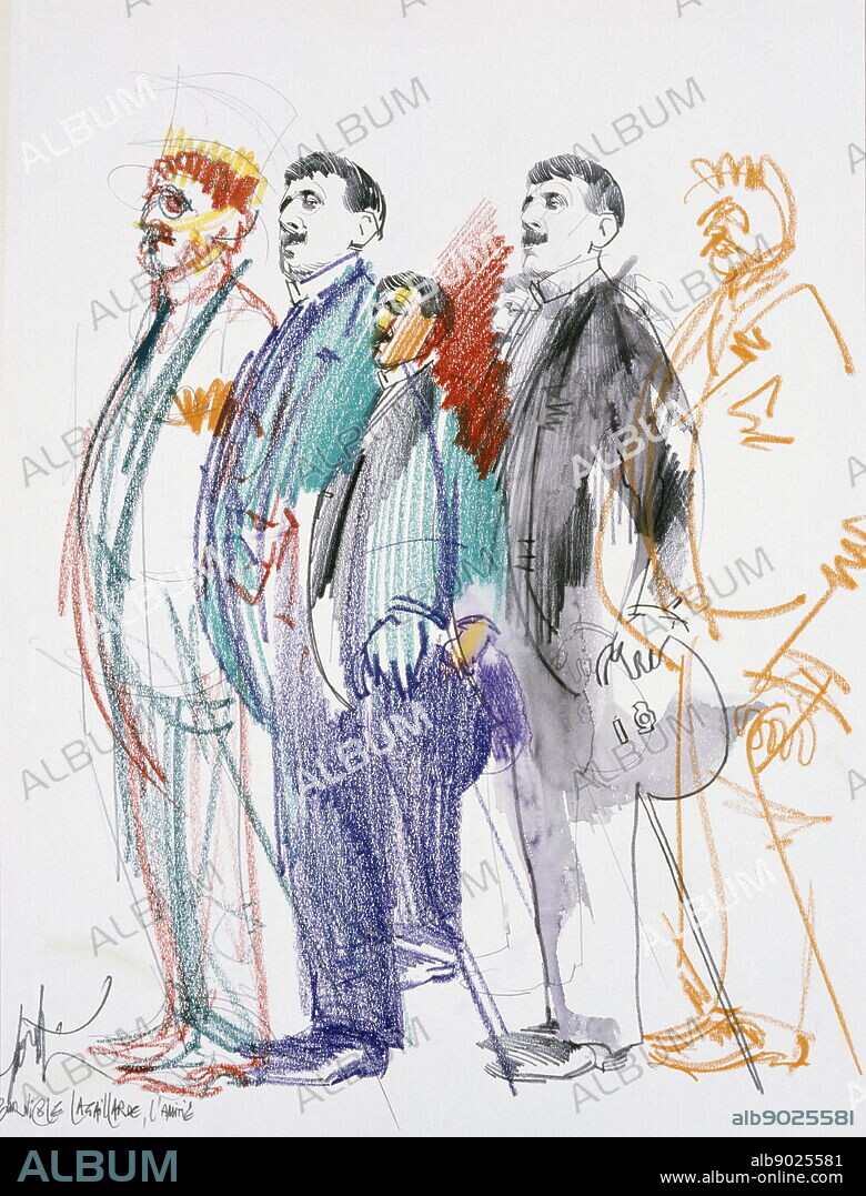 Marcel Proust (1871 - 1922), French novelist,. Portrait on a poster by Raymond Moretti (1931-2005), a French painter and sculptor.