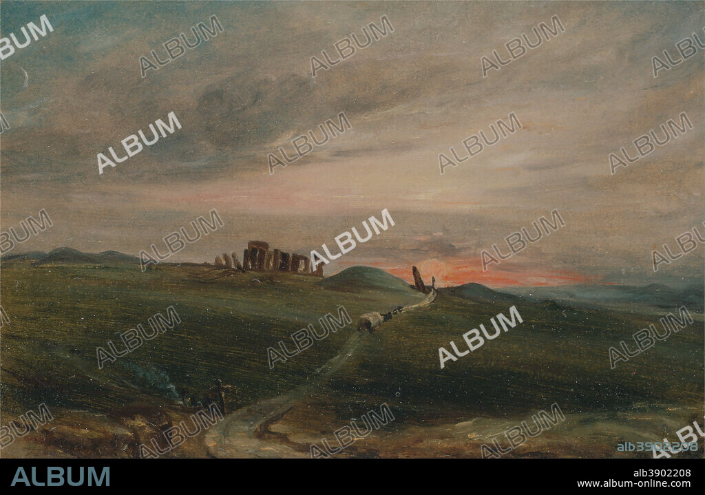 JOHN CONSTABLE. Stonehenge at Sunset. Date/Period: 1836. Painting. Oil on paper on board. Height: 191 mm (7.51 in); Width: 284 mm (11.18 in).