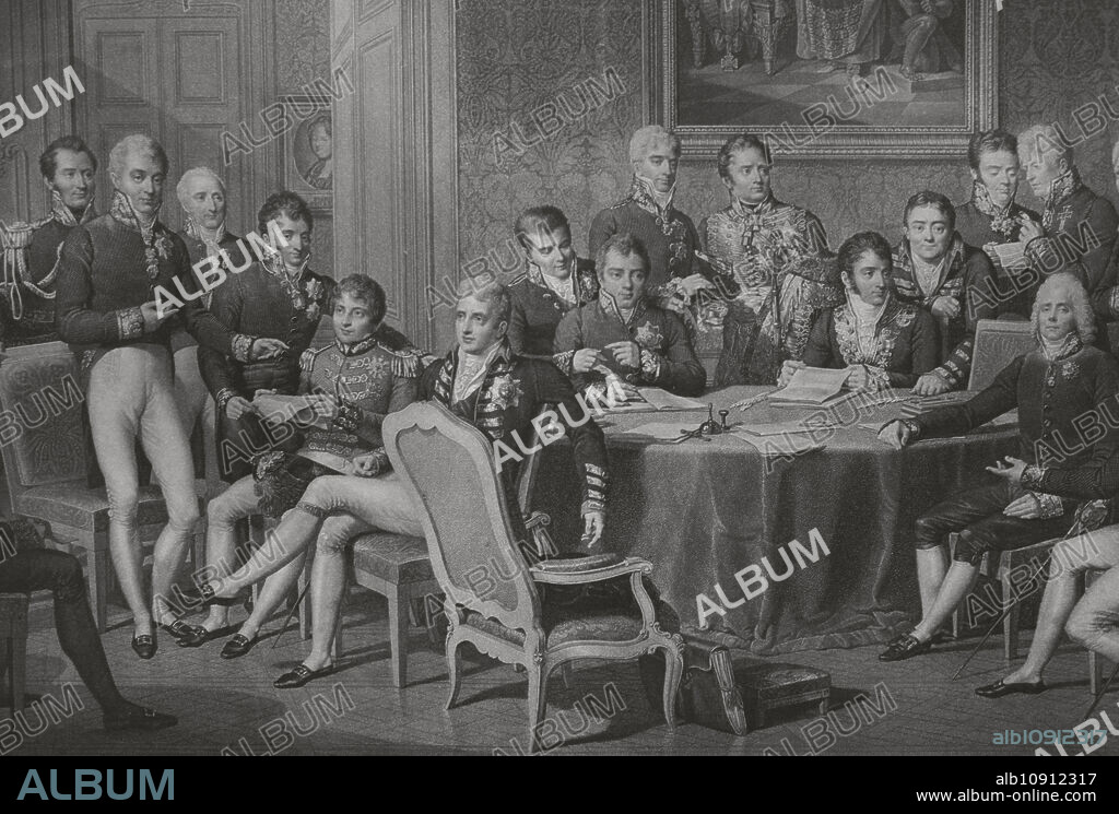 Congreso de Viena (1 de noviembre de 1814 al 9 de junio de 1815). Asamblea internacional convocada por Francisco I de Austria. Su objetivo era restablecer las fronteras europeas tras la derrota de Napoleón y su abdicación posterior. Los ministros del Congreso de Viena. Tinta sobre papel, 1815. Detalle. Museo del Risorgimento. Milán. Italia.