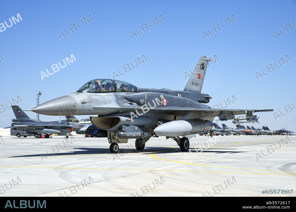 Turkish Air Force F-16D Fighting Falcon of the 161 Filo on the ramp at Konya Air Base during exercise Anatolian Eagle 2019 in Konya, Turkey.