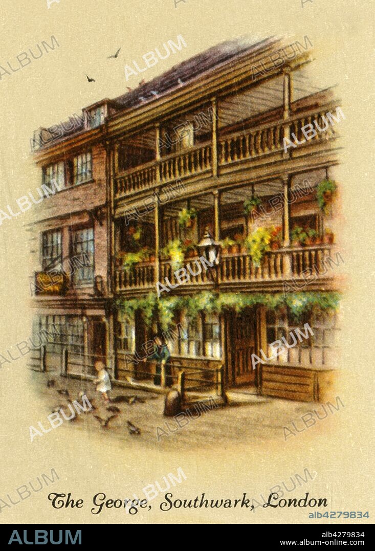 'The George, Southwark, London', 1936. The George Inn, a medieval public house on Borough High Street, visited by Charles Dickens. Grade I listed.  From "Old Inns - A Series of 40", 1936. [W. D. & H. O. Wills, 1936].