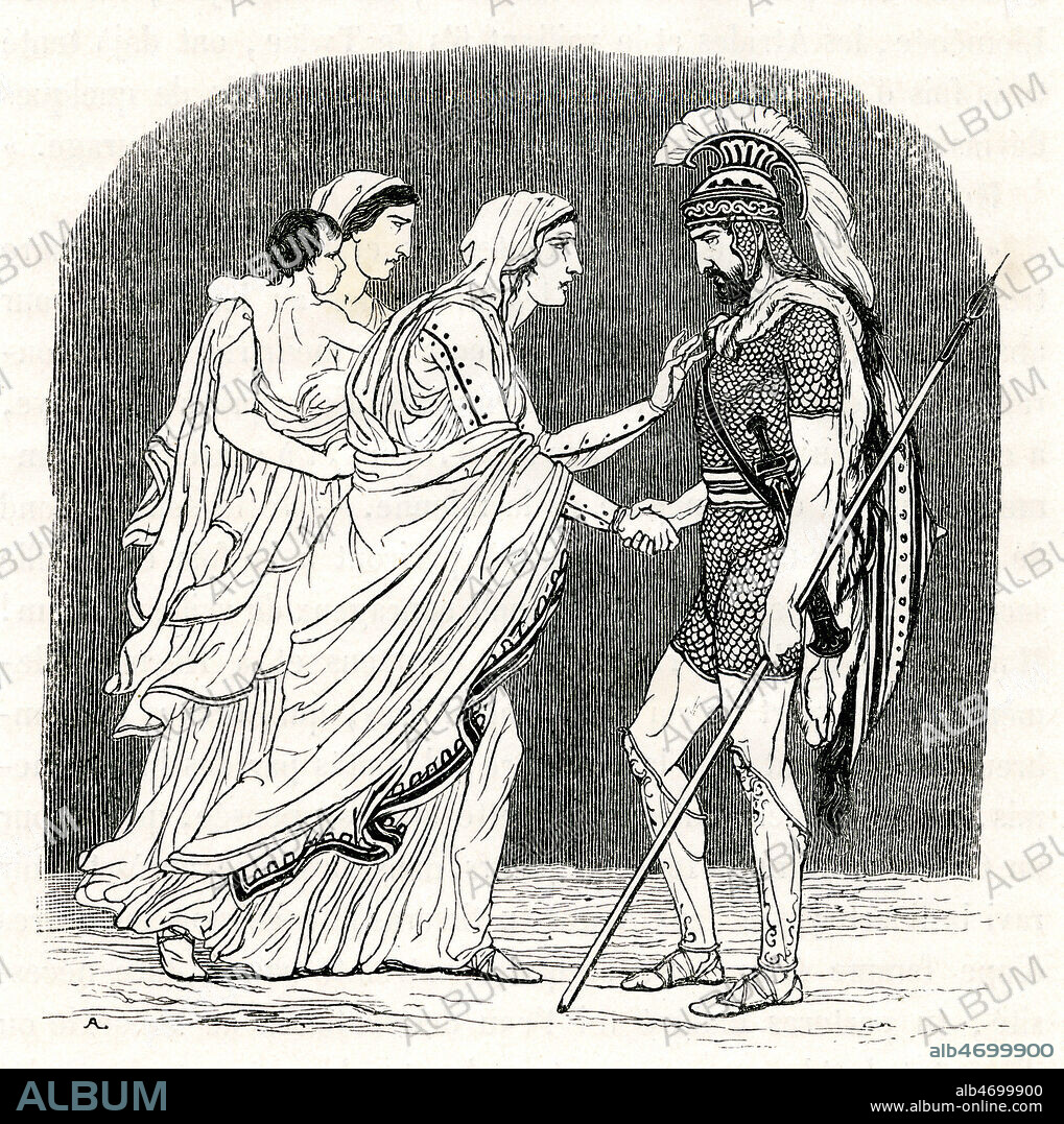 ANDROMAQUE exortant son epoux HECTOR a ne pas combattre ACHILLE pour la rendre veuve (Livre IV). Illustration de 1843 par Aime de LEMUD (1816-1887) pour l'Iliade de HOMERE traduit par Eugene BARESTE (1814-1861). Credit : Collection Jonas/Kharbine-Tapabor.