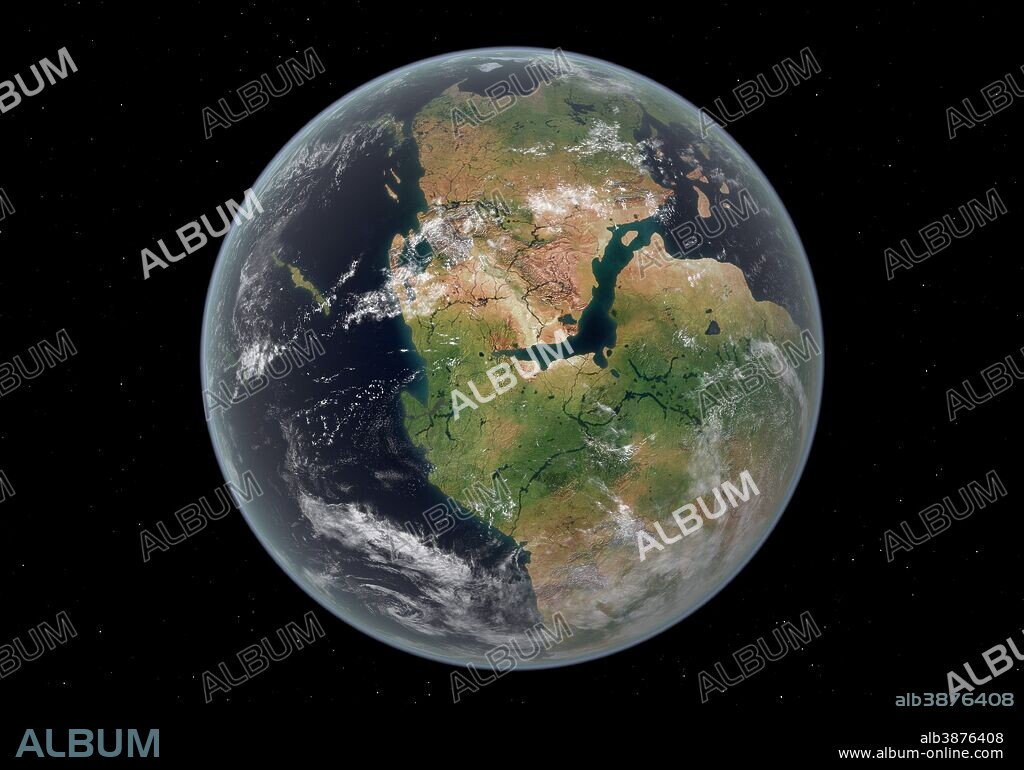 This is how the western hemisphere of the Earth may have appeared 200 million years ago during the Early Jurassic period. North is at the top.. . During this period continental drift, driven by the massive forces of plate tectonics, had just begun to break the supercontinent of Pangea into Laurasia in the north and Gondwana in the south.. . In this image the nascent North American continent has just broken away from North Africa while South America and the rest of Africa remain joined as Gondwana. To the west in the global Panthalassa ocean are strips of land corresponding to the Wrangellia Terrane which later merged with western North America.