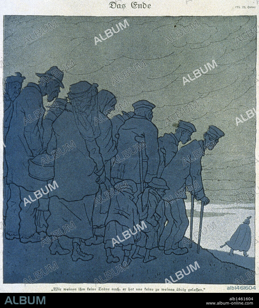 I GUERRA MUNDIAL (1914-1918). Un día antes de la firma del armisticio, el emperador Guillermo II había huído a Holanda. Caricatura de Th. Th. HEINE "EL FIN", publicada en "Simplicissimus" (1918), tratando sobre la HUIDA DE GUILLERMO II. Leyenda: "No derramamos por él ninguna lágrima; nos ha dejado demasiado pocas".