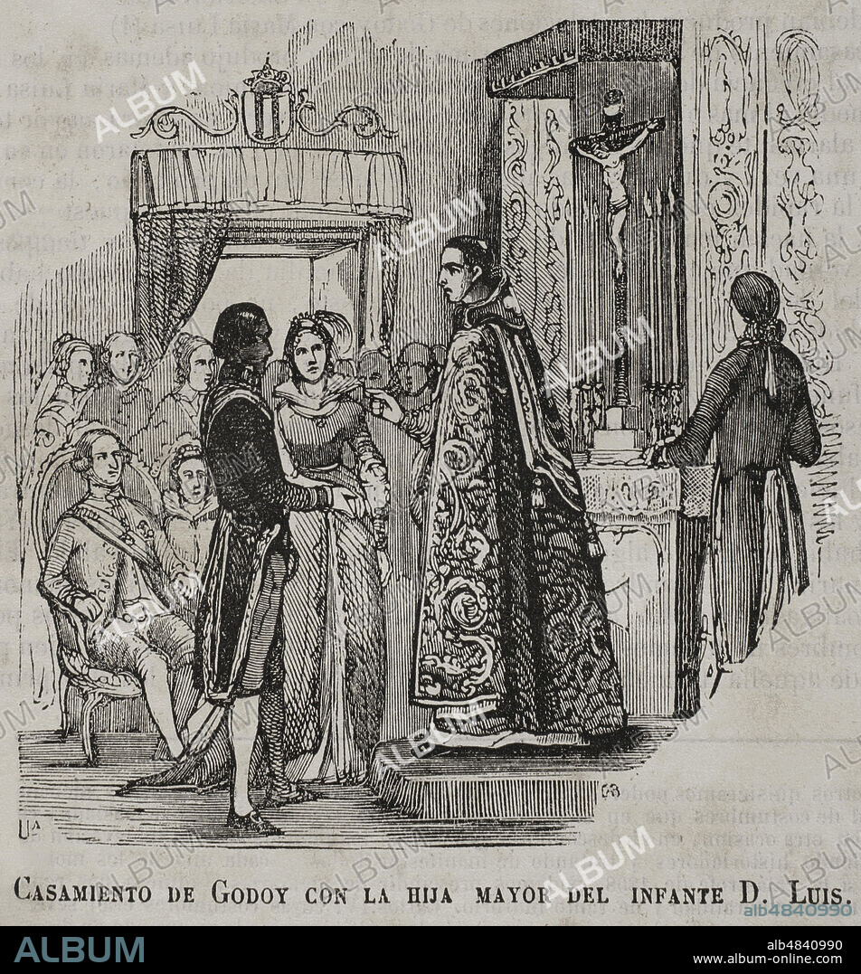 Manuel Godoy (1767-1851). Noble, político y primer ministro de Carlos IV. Casamiento de Godoy con la hija mayor del infante don Luís, María Teresa de Borbón y Vallabriga. Grabado. "Historia del Levantamiento, Guerra y Revolución de España, por el Conde de Toreno. Madrid,1851.