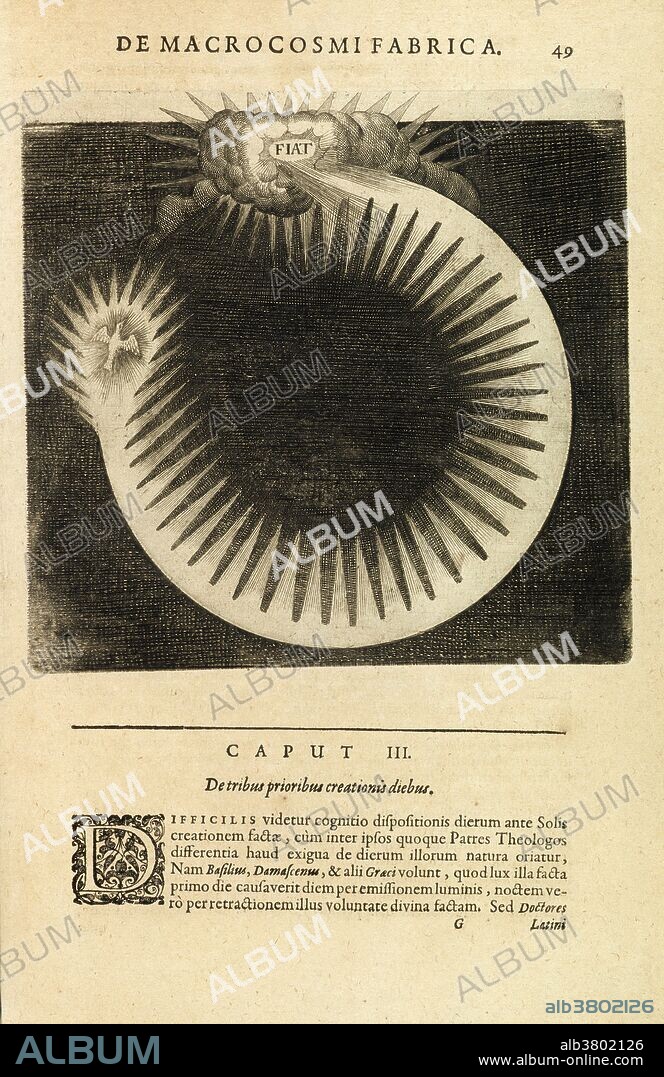 Illustration showing Robert Fludd's "insfiat luxins" creation theory. English physician, astrologer, and mystic Robert Fludd (1574-1637) based his theory on the Latin phrase fiat lux (let there be light), found in the Genesis book of the Judeo-Christian bible. A holy bird flies in a circle from the word insfiatins, and when the circle is completed, light will shine forth. This artwork appears in Fludd's philosophical treatise Utriusque cosmi historia (1617).