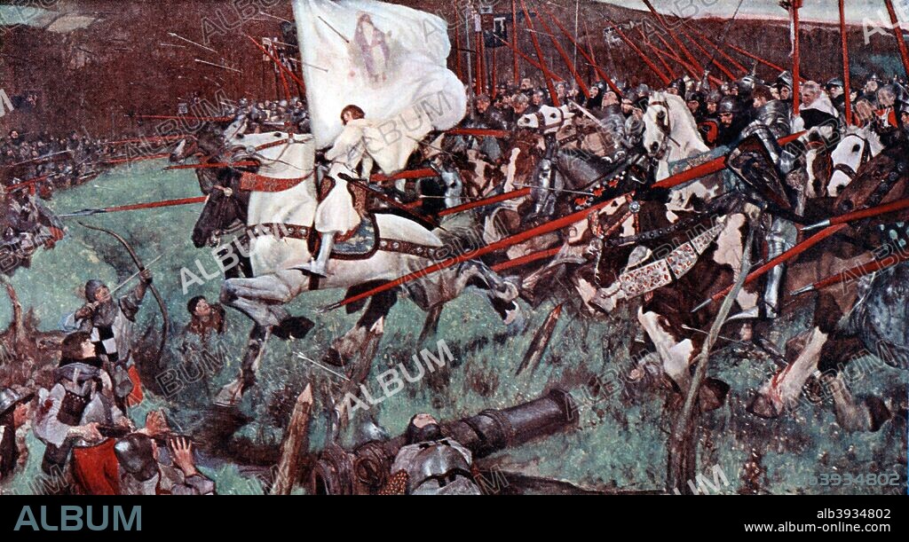 'The Maid', 1900-1918. Joan of Arc (1412-1431), the Maid of Orleans, at the head of French cavalry.
