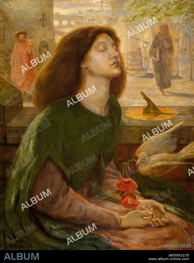 Beata Beatrix, 1877 Oil on canvas Artist: Dante Gabriel Rossetti Also: Ford Madox Brown, 'Blessed Beatrice'. A young woman is shown seated and half length at the moment of suspension between life and death. In the background Dante is shown looking across to the figure of Love., Art Movement, Pre-Raphaelite, Oil Painting, Flower, Poppy, Bird, Dove, Sundial, Dante, Literature, Poetry.