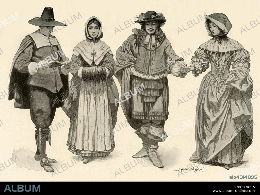 SOPHIE B STEEL. 'Clothing during the time of 1620-1670', (1903), 1937. From "History of American Costume - Book One 1607-1800", by Elisabeth McClellan. [Tudor Publishing Company, New York, 1937].