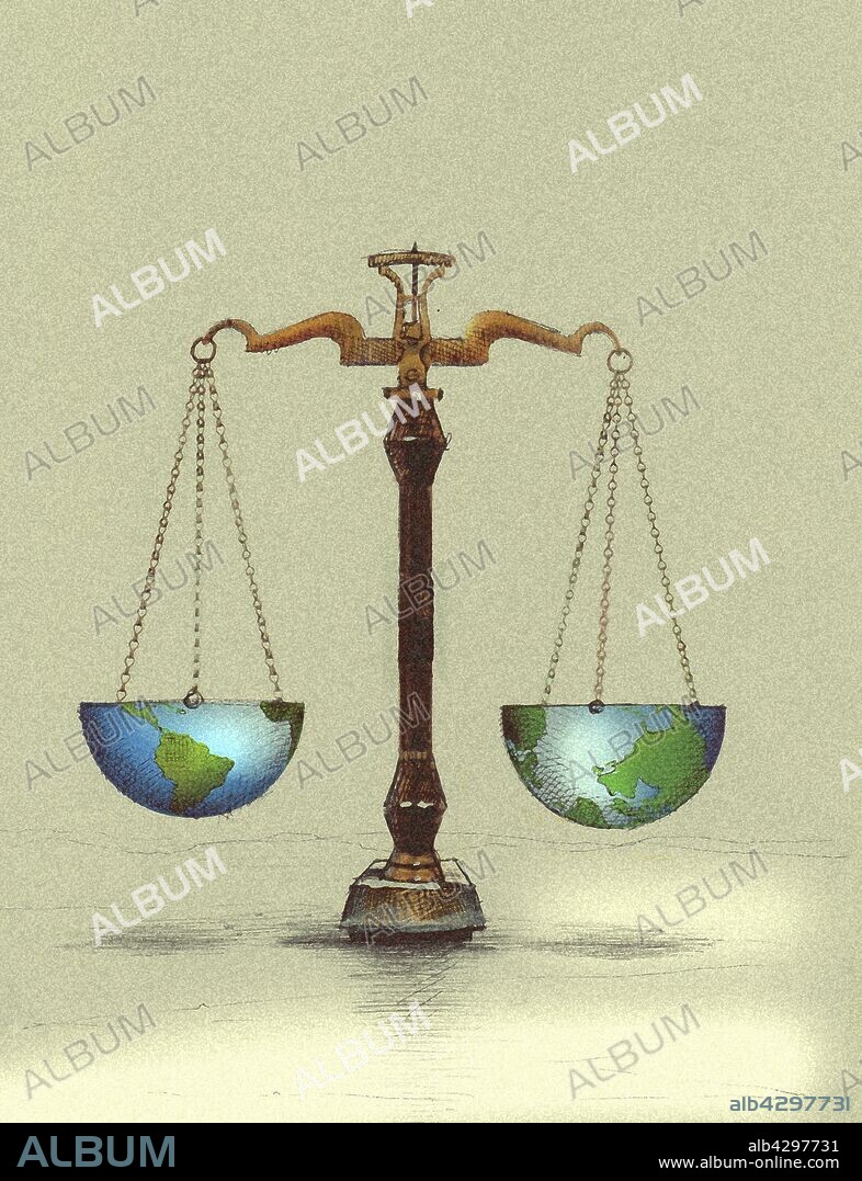 Scales balancing northern and southern hemispheres of globe.