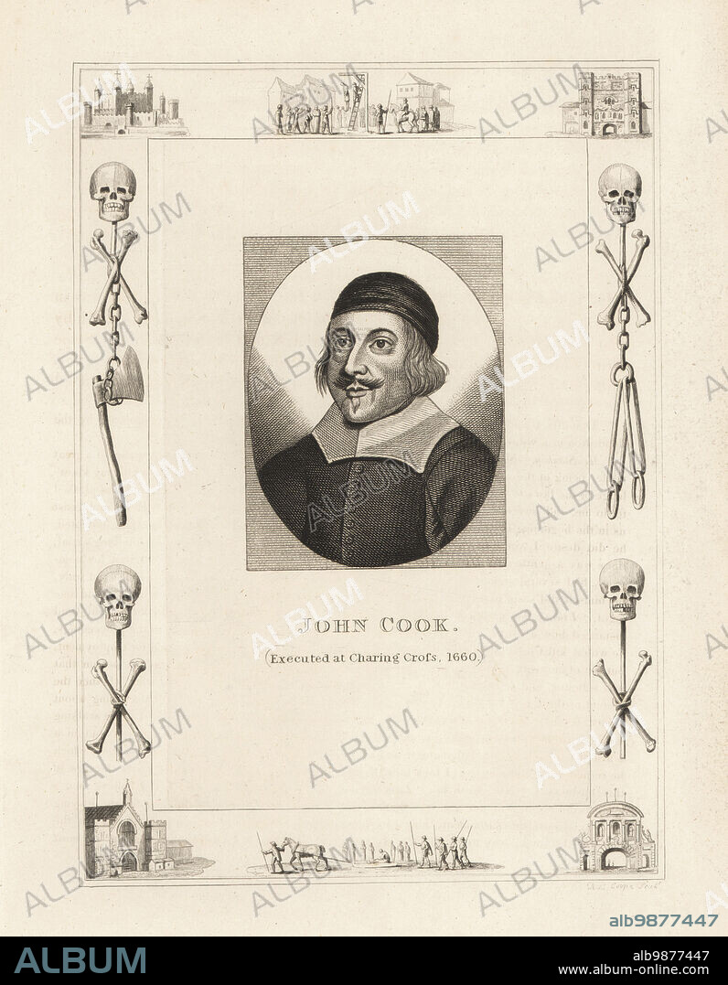 John Cook, executed at Charing Cross. John Cooke, 1608-1660, first Solicitor General of the English Commonwealth, parliamentarian and regicide. Tried, hanged, drawn and quartered on 16 October 1660. Within a frame decorated with vignettes of skull and cross bones, chains and executioners axe, a man hanging from a gibbet at Tyburn, a condemned man on a sled, the Tower of London, Newgate Prison. Copperplate engraving by Robert Cooper from James Caulfields The High Court of Justice, London, 1820.