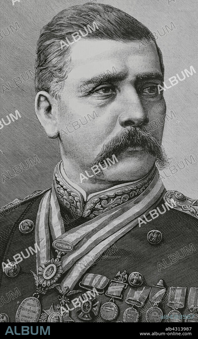 ARTURO CARRETERO (CA. 1852-1903). SPANISH ENGRAVER.. Porfirio Díaz (1830-1915). Mexican military and politician. President of Mexico on seven occasions, between 1877 and 1911. Portrait. Engraving by Arturo Carretero (1852-1903). La Ilustración Española y Americana (The Spanish and American Illustration), 1884.
