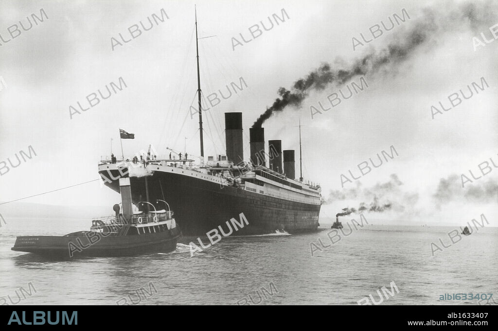 Titanic Ready for Maiden Voyage. RMS Titanic Ready for her Maiden Voyage, 04/02/1912. The White Liner, built by Harland & Wolff in Belfast, is aided by four tugs preparing to leave for Southampton for her maiden voyage to New York on April 10th 1912. The steamship sank on April 15th 1912 off the coast of New Foundland after striking an iceberg with the loss of 1,635 passengers and crew. (Photo by Titanic Images/Universal Images Group).