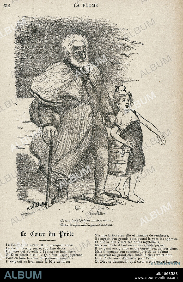 Caricature de Victor HUGO (1802-1885) avec la jeune Republique. Lithographie de WILLETTE (1857-1926) dans La Plume du 15/07/1893. Credit: Coll. Dixmier/KHARBINE-TAPABOR.