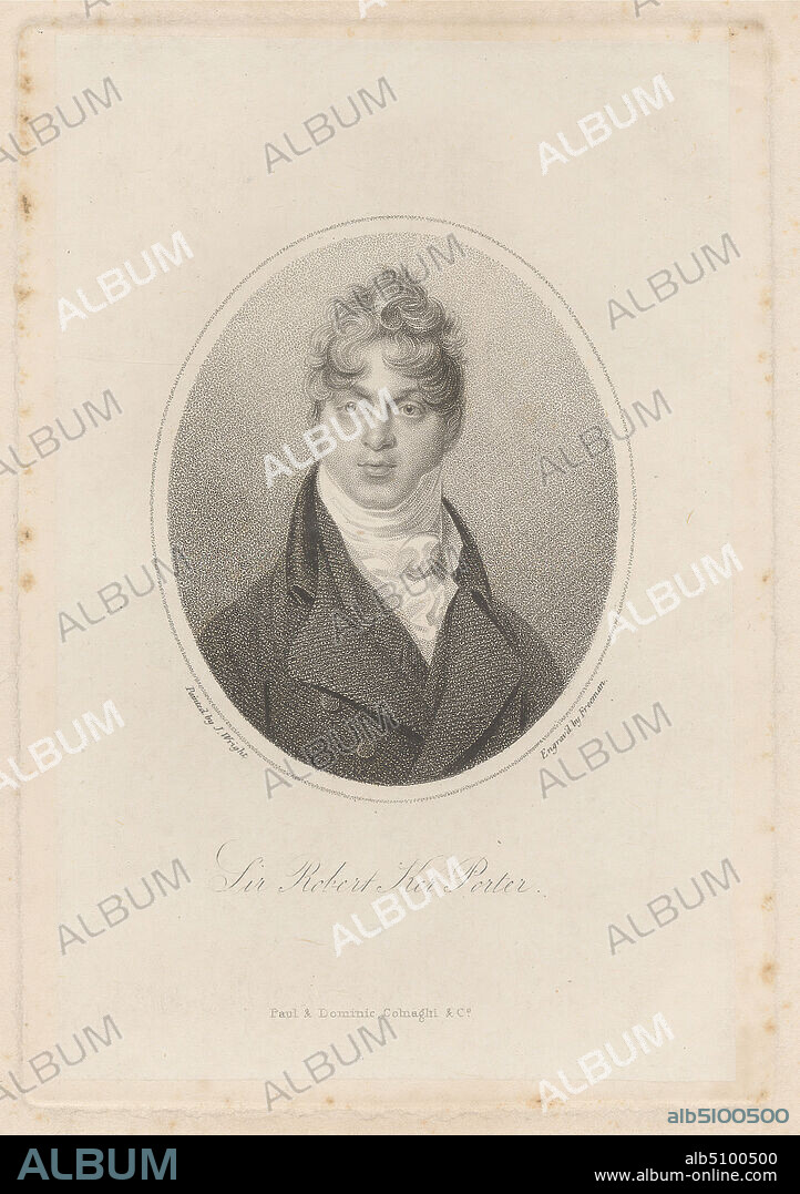Sir Robert Ker Porter, Print made by Samuel Freeman, 17731857, British, after John Wright, active 1812, Published by Paul and Dominic Colnaghi & Co, established 1760, active ca. 17851911, Italian, active in Britain, undated, Stipple engraving and etching on moderatley thick, slightly textured, cream wove paper with cream chine collé, Sheet: 11 7/8 x 8 5/8 inches (30.1 x 21.9 cm), Plate: 6 9/16 x 4 1/2 inches (16.6 x 11.5 cm), Sheet: 6 1/4 x 4 1/8 inches (15.8 x 10.4 cm), and Image: 3 9/16 x 2 15/16 inches (9 x 7.4 cm), collar, cravat, curls, diplomat, gaze, painter, portrait, posing, writer.