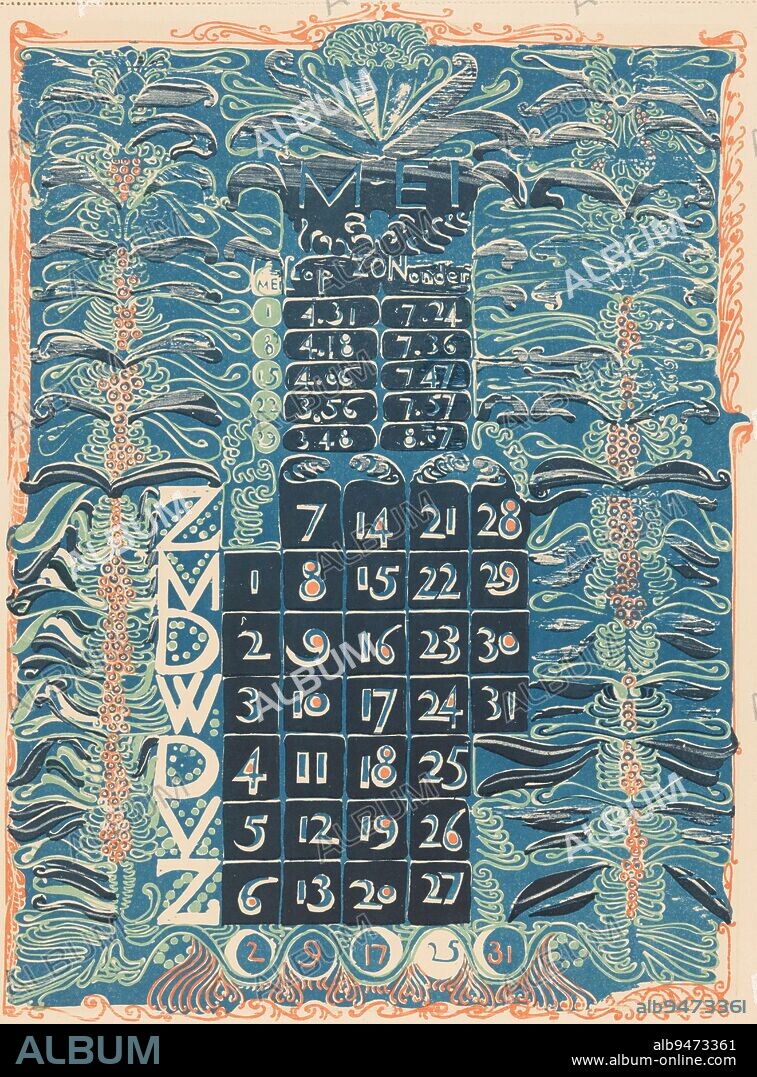 Calendar sheet May 1899, Carel Adolph Lion Cachet, 1899, print maker: Carel Adolph Lion Cachet, publisher: Scheltema & Holkema, Amsterdam, 1899, paper, h 398 mm × w 282 mm.