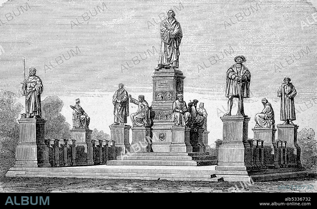 The Luther Monument in Worms, Germany, in 1870  /  Das Lutherdenkmal in Worms, Deutschland, im Jahre 1870, Historisch, historical, digital improved reproduction of an original from the 19th century / digitale Reproduktion einer Originalvorlage aus dem 19. Jahrhunder.