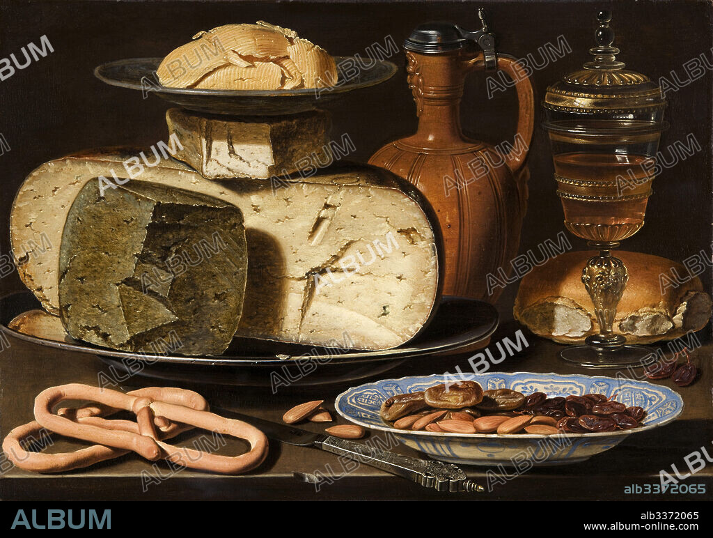 CLARA PEETERS. Still Life with Cheeses, Almonds and Pretzels.