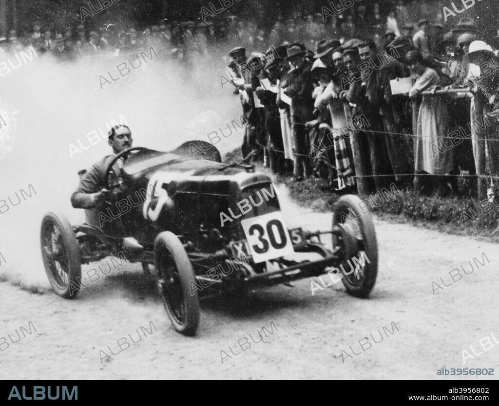 Zborowski driving a 1922 Aston Martin 1.5 litre 'Strasbourg' at Shelsey Walsh, (1922?). The car was originally built for the 1922 French Grand Prix and is the oldest Aston Martin still running. Zborowski built three aero-engined cars all called Chitty Bang Bang. The 'Chitty Chitty Bang Bangs' were immortalised in the famous film 'Chitty Chitty Bang Bang'.