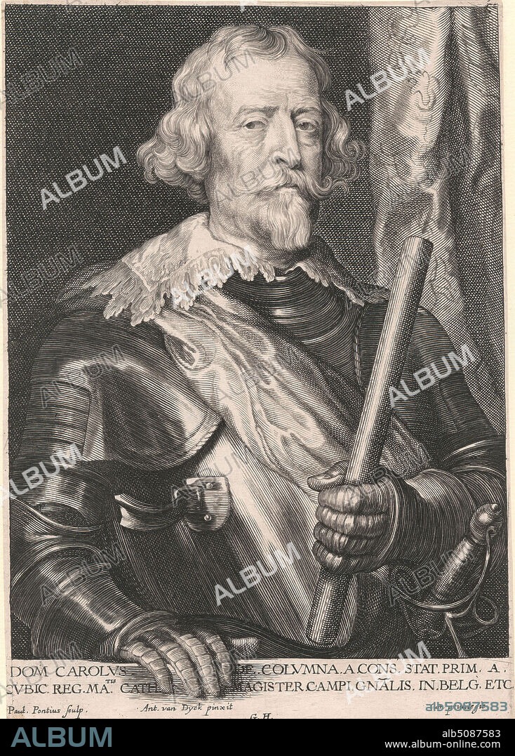 Dom Carolus. De. Columna. a. Cons. Stat. Prim. a. Cubic Reg. Matis. Cath. Magister Campi. Gnalis. in Belg. Etc., Paulus Pontius, 16031658, Flemish, after Sir Anthony Van Dyck, 15991641, Flemish, active in Britain (162021; 163234; 163541), ca.1635, Line engraving and stipple engraving on medium, slightly textured, blued white, laid paper, mounted on, moderately thick, slightly textured, cream, laid paper, Mount: 15 × 11 inches (38.1 × 27.9 cm), Sheet: 9 1/4 × 6 1/2 inches (23.5 × 16.5 cm), and Image: 9 × 6 3/8 inches (22.9 × 16.2 cm).