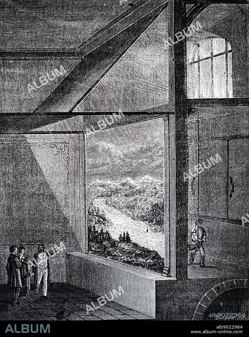 Illustration showing Diorama by Louis Daguerre (1787 - 1851), French artist and photographer, recognized for his invention of the daguerreotype process of photography. He became known as one of the fathers of photography. Though he is most famous for his contributions to photography, he was also an accomplished painter and a developer of the diorama theatre.