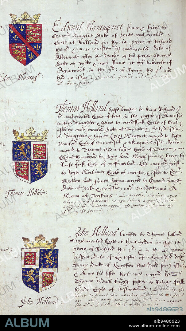 Book of English heraldry, Arms of Edward Plantagenet, Thomas Holland, and John Holland, This book of English heraldry was completed ca. 1589. The manuscript belonged to the Spencer family, as known through inscriptions on the first few flyleaves, including the motto 'Dieu defende Le Droit' (God defends the right). This motto has long been associated with the Spencer family of England, which is the family line of Princess Diana, as well as the Spencers who were among the founders of Virginia. The Spencer family's heraldry is included in the manuscript, along with the coats of arms of numerous prominent British families, including the Hasting, Gray, Beuford, and Percye families.