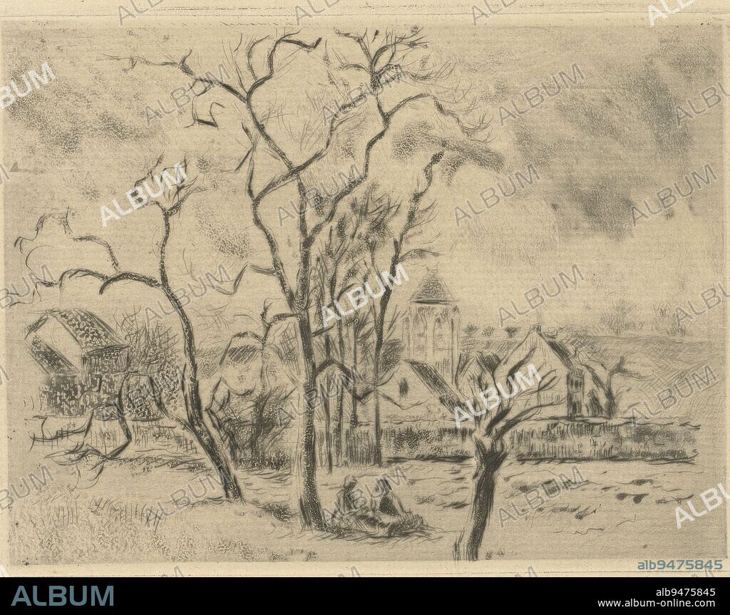 A meadow with two women sitting under a tree. Behind a wall the village of Osny, with several houses and a church, Church of Osny Eglise d'osny, près Pontoise., print maker: Camille Jacob Pissarro, (mentioned on object), Camille Jacob Pissarro, printer: Camille Jacob Pissarro, (mentioned on object), France, 1885, paper, etching, drypoint, h 120 mm × w 160 mm, h 218 mm × w 298 mm.