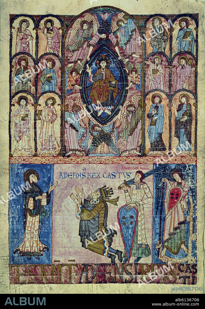 LIBRO DE LOS TESTAMENTOS - AÑO 1109 -1122 - ALFONSO II EL CASTO CON PORTAESPADAS EN ACTITUD ORANTE - MS 1-F 1V.
