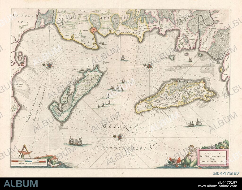 Cartography in the Netherlands, map of the French coast near La Rochelle and the islands of Ré and Oleron, Map of the islands of Ré and Oleron and the French coast, borders and coasts colored. Three compass roses, r.b, m.o. and l.b. The north is on the left. Ships in the sea. L.o. scale in French miles with sea monster and compass. R.o. with inscription allegorical figures. VErso: 2 pages of text, 2 columns each. Inscription, ro: INSLAVAE / DIVI MARTINI and VLIARVS, Vulgo / L'ISLE DE RE and OLERON., Mercator, 1600 - 1650, paper, engraving, h 39 cm × w 53.7 cm.