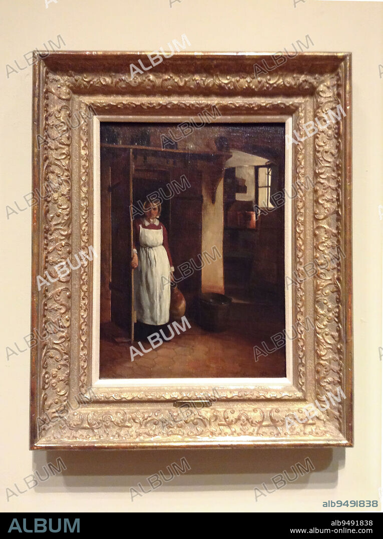 Up from the Cellar (La Sortie de la cave), 1857, François Bonvin, French, Paris 1817Saint-Germain-en-Laye 1887, 17 1/2 × 13 in. (44.5 × 33 cm), Oil on canvas, France, 19th century, François Bonvins paintings, drawings, and prints often depicted women doing chores. We see them pouring water from pitchers, cutting bread for the family meal, ironing, or, as in this painting, fetching a container of wine. The setting is likely one Bonvin knew by heart: the background resembles the inn owned by his father in Vaugirard, just outside Paris.