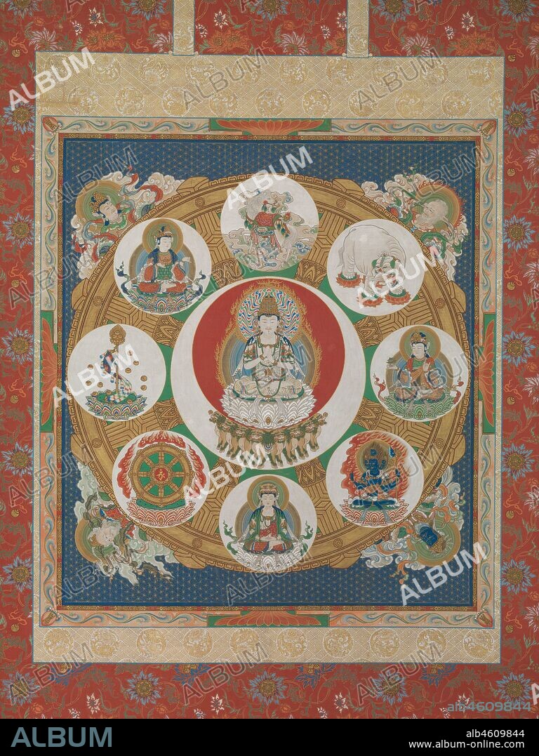 Mandala of the One-Syllable Golden Wheel, 18th century. The Mandala of the One-Syllable Golden Wheel (Japanese: Ichiji Kinrin Mandara) envisions the power of a single Sanskrit syllable, the utterance of which calls forth a personification of the cranial protuberance of the Buddha. It is used in rituals for the prevention of disaster, for the expansion of wealth, and for success in love, as well as for assuring safe delivery of children, career success, and propitious weather. The figural representation of the sound sits at the center of the mandala on a lotus pedestal borne by eight lions. It resembles the Buddha Dainichi (Sanskrit: Vairochana) and holds its hands in a sacred gesture known as the wisdom-fist mudra, which symbolizes the non-duality of perfect wisdom and the deluded nature of unenlightened beings. The surrounding figures and forms represent the seven emblems of sovereignty of supreme rulers and the deity Butsugen Butsumo, literally Buddha-eye, Buddha-mother, who crushes ignorance and perceives the essence of all things.