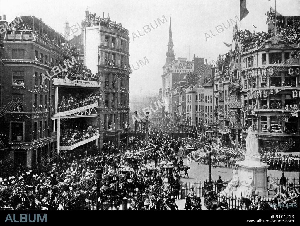 Queen Victoria - Diamond Jubilee - Her Majesty's arrival in St. Paul's Church Yard - Diamond Jubilee Procession 22 June 1897 from a souvenir publication Sixty Years a Queen.. Victoria (Alexandrina Victoria; 24 May 1819 - 22 January 1901) was the Queen of the United Kingdom of Great Britain and Ireland from 20 June 1837, and the first Empress of India from 1 May 1876, until her death on 22 January 1901. Her reign lasted 63 years and seven months, longer than that of any other British monarch. The Colonial Secretary, Joseph Chamberlain, proposed that the Diamond Jubilee be made a festival of the British Empire. The Prime Ministers of all the self-governing dominions and colonies were invited. The Queen's Diamond Jubilee procession included troops from every British colony and dominion, together with soldiers sent by Indian Princes and Chiefs as a mark of respect to Victoria, the Empress of India. ©TopFoto.